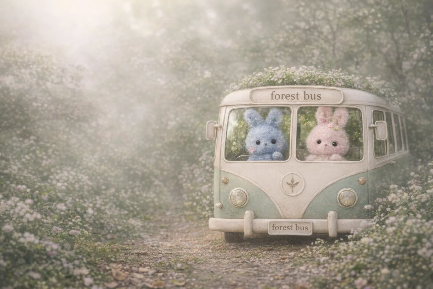 森の小道を走るforest busのヴィンテージバス